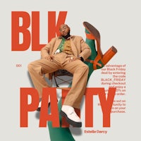 a man sitting on a chair with the words blk party